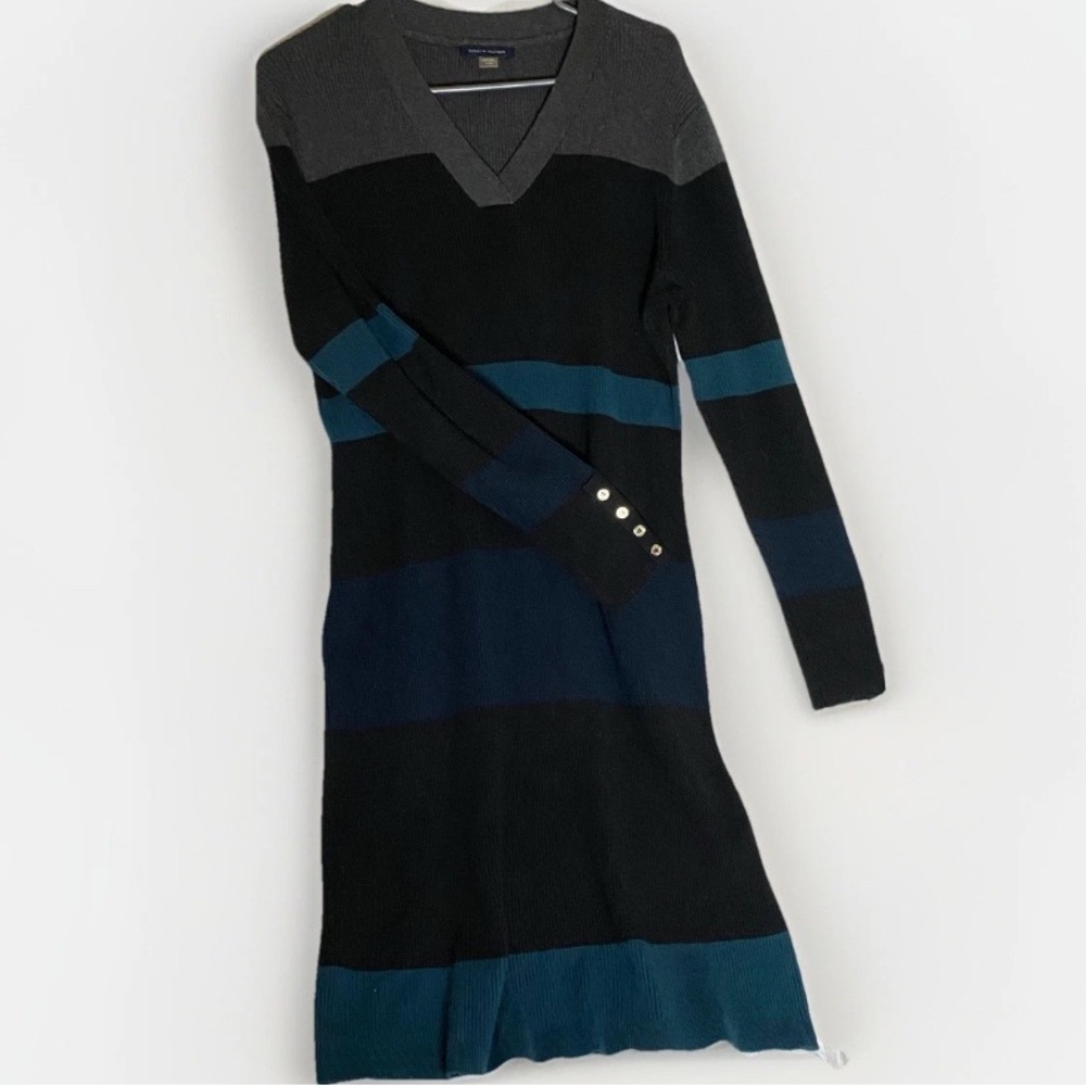 Tommy Hilfiger Sz L Colourblock Knit Sweater Dress‎ Long Sleeve Dark Acadamia
